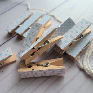 Boy Baby First Baby Shower - Blue Diaper Pins and Gingham Chunky Little Clothespin Clips w Twine for Display - Set of 12 - Gifts Under 10