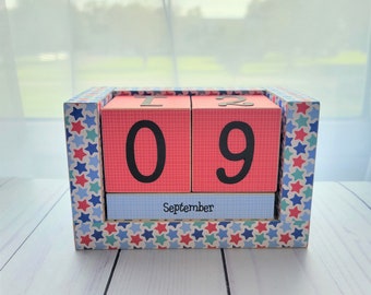 Perpetual Wooden Block Calendar - Red White And Blue Flag Stars All Star - Teacher Gift - Baby Shower Gift - Classroom Decor - Baby Decor