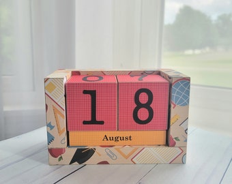 Perpetual Wooden Block Calendar - Elementary Back to School Icons - School Supplies, Notebook, Pencil, Apple, Scissors, Ruler, Calculator