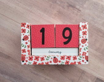 Wooden Block Perpetual Calendar - Lucky Ladybugs and Posies - Baby Girl Dorm Bedroom Nursery, Office Desk Calendar, Handmade,