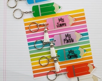 Set of 9, Personalized Teacher Name Acrylic Colored Pencil Keychain with Tassel, Teacher Appreciation, Backpack Tag, Personalizable