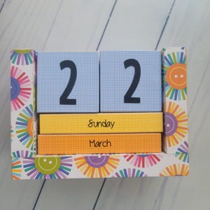Perpetual Wooden Block Calendar, Month and Day, Button Burst, Colorful Classroom Teacher School Gift, Handmade, Wood Desk Decor