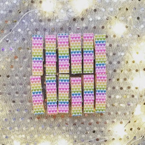 Picture Clothesline - Rock n Roll Rainbow Hearts Clips w Twine for Photo Display - Chunky Little Clothespin Set of 12 - 80s Hearts