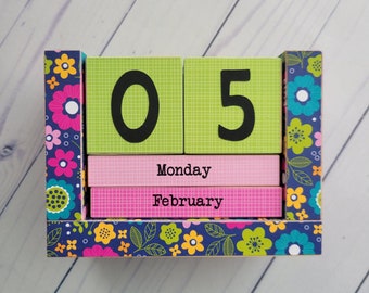 Perpetual Wooden Block Calendar, Month and Day, Tropical Flowers and Happiness, Hot Pink and Navy Big Floral Print, Classroom Teacher Gift
