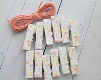 Mini Clothespins Photo Clothesline - Baby Baby Shower Games, Gifts, First Birthday, Peach and Coral Clouds, Sun, Rainbows, Ready to Ship