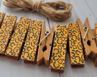 Cheetah Leopard Spots, Animal Print Chunky Little Clothespin Clips w Twine for Display, Set of 12, Boy Baby Birthday Shower, Jungle Theme