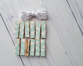 Fair Weather Clouds, Cloudy Day Blues, Clips w Twine for Photo Display, Chunky Little Clothespin Set of 12, Gifts For Her, Gifts Under 10