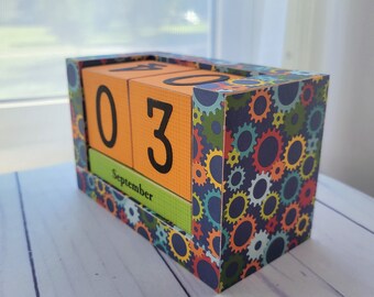 Wooden Block Perpetual Calendar - Desk Calendar - STEM STEAM Science Class Classroom - Blue Orange and Green Gears - Great for Boys Guys Him