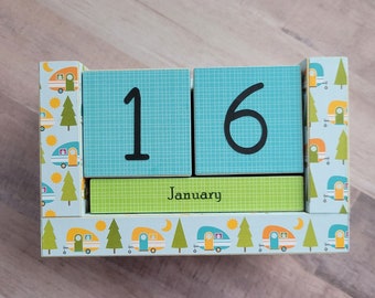 Perpetual Wooden Block Calendar - Calendar Blocks - Happy Campers - Pop Up Camper - Camping Chic - Gifts for 20 - Gifts for Her