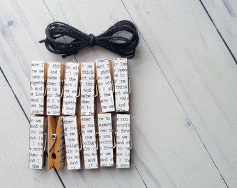White and Black Newspaper Print - Typewriter Mini Little Clothespins w Twine for Display - Set of 12 - Sassy Classy Photo Clothesline
