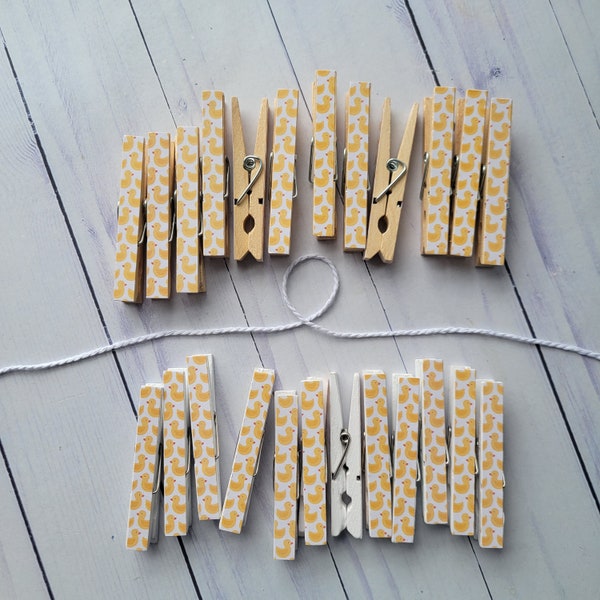 Yellow Rubber Ducks Photo Clothesline, Baby Shower Gift Games Cards, Banner Bunting, Duckie, Painted or Natural Wooden Clothespins Garland
