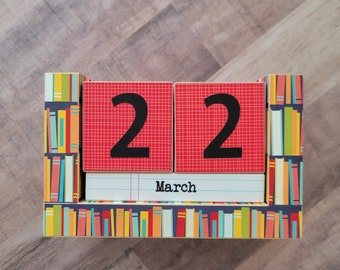 Perpetual Wooden Block Calendar - Elementary School Library Books - Classroom Primary Theme - Teacher Gifts - New Teacher Gift - for Grad