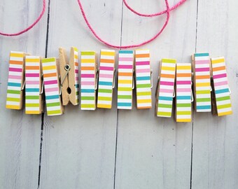 Summer Aesthetic Stripes w Twine for Photo Display - Mini Clothespins, Set of 12 - First Birthday, Baby Shower, Dorm Bedroom Decor, Gifts