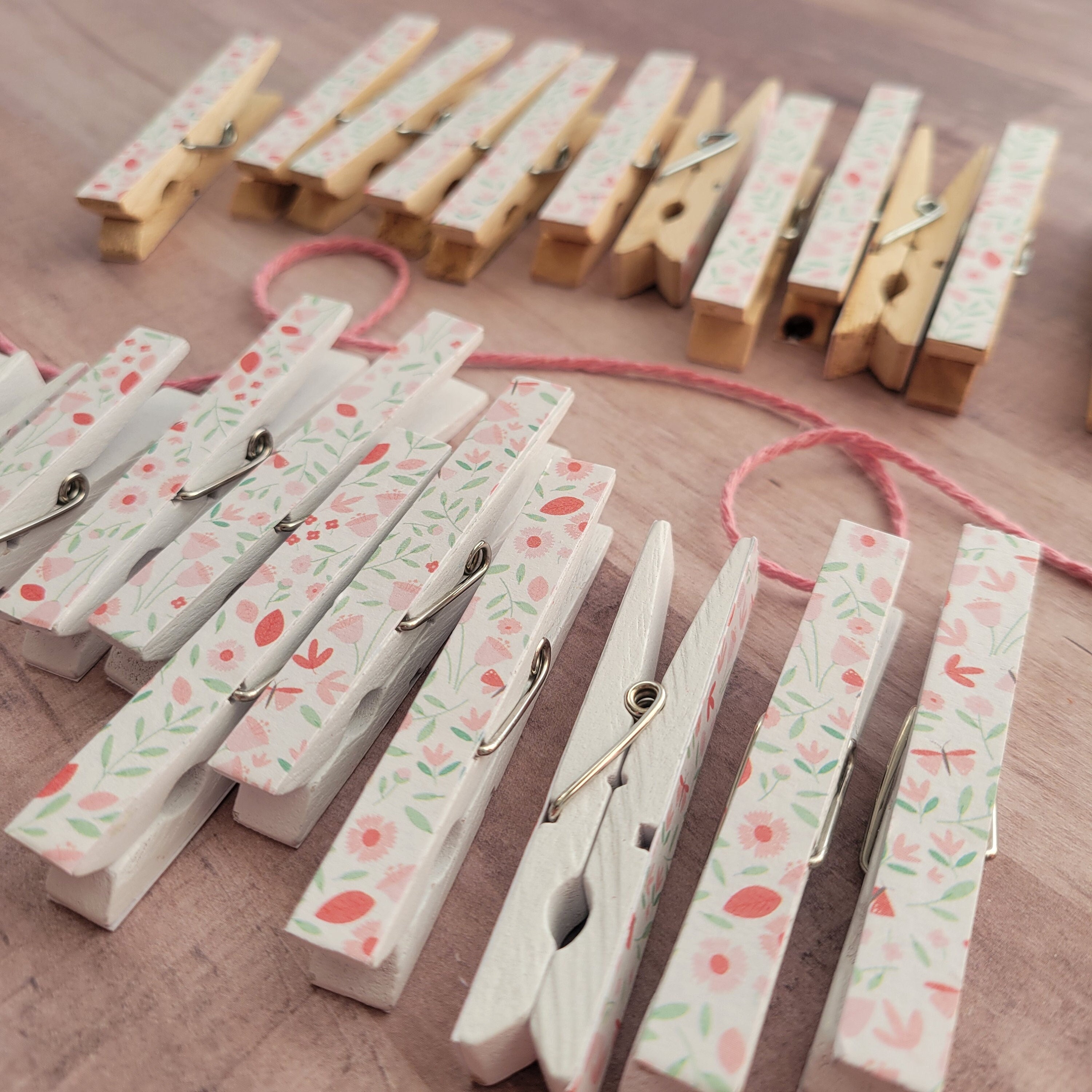 Photo Clothesline, Baby Shower Gift Games Cards, Banner Bunting, Girl Pink Wild Flowers, Painted Clothespin Clips Garland, Set of 12