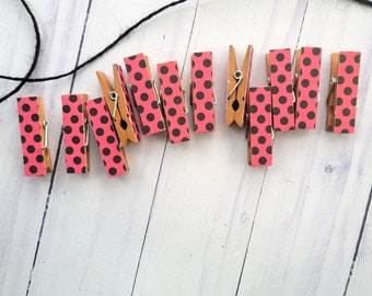 Mini Clothespins and Twine Garland Clothesline, Ladybug Polka Dots for Display, Set of 12, Girl Baby Shower First Birthday, Dorm Decor