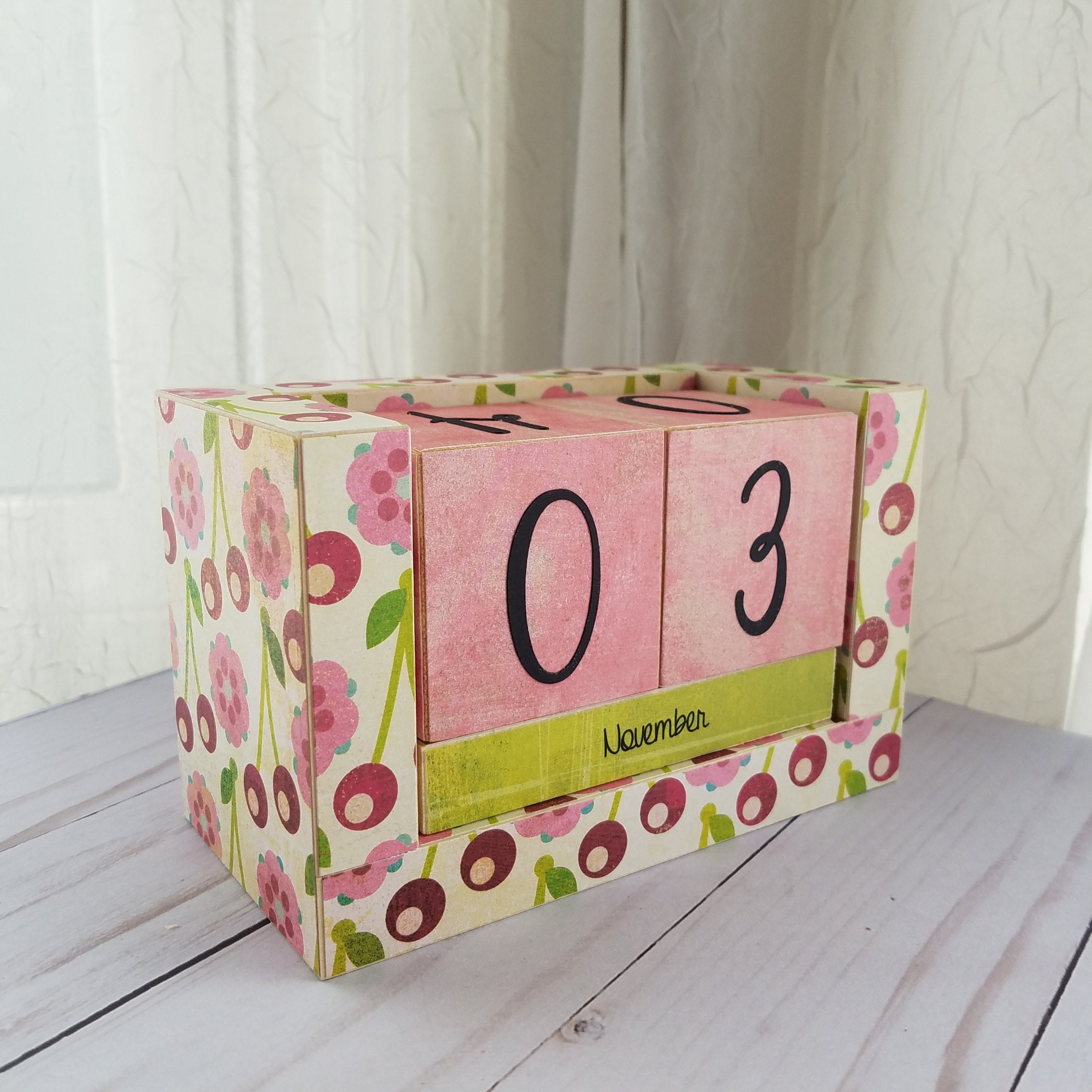 Perpetual Wooden Block Desk Calendar Cherries and Polka Dots Etsy