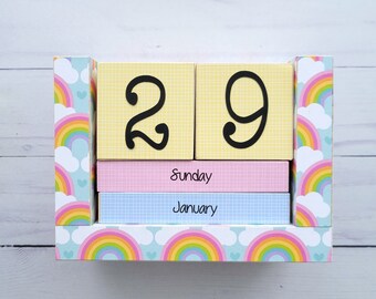 Handmade Month and Day Perpetual Wooden Block Calendar - Desk Calendar - School Teacher Student Desk - Sunny Clouds Rainbow Days