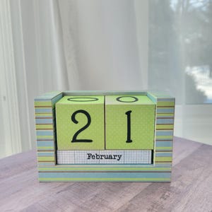 Perpetual Wooden Block Calendar - Horizontal Stripes - Blue, Brown, Lime Green - Gifts for Teachers - Gifts for Him, Her - Desk Calendars