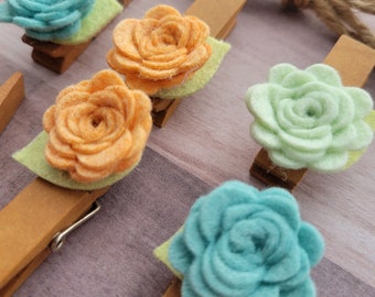 Felt Flowers Rustic Clothespins Clothesline, Handmade Baby Wedding Shower Gift, Boho Flowers, Chunky Mini Clothespin Clips, Set of 6