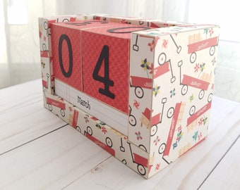 Perpetual Wooden Block Calendar, Little Red Garden Wagon, Spring Time Whimsical Flowers, Gifts for Her, Mom, READY TO SHIP, Gifts for 20