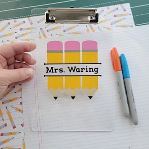 Personalized Mini Clipboard, Teacher Name Appreciation Gift, Clear Acrylic Yellow or Colored Pencil, Small, Tutor, Educator, Personalization