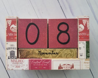 Wine Labels Perpetual Wooden Block Desk Calendar - Vineyard, Winery, Countryside