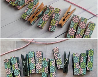 Mini Clothespins Clothesline, Dorm Room, Housewarming Gift, Retro Pink Blue Green Feathery Branches, Twine for Display, Farm Country Core