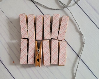 Baby Girl Shower Picture Clothesline Gift, Pink and Gray Plaid, Chunky Wood Mini Clothespins for Display, Set of 12, Preppy Girlie