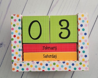 Wooden Perpetual Block Calendar, Month and Day Desk Calendar, Tutti Fruity Colorful Confetti, Bright Polka Dots, Teacher Gift, Ready to Ship