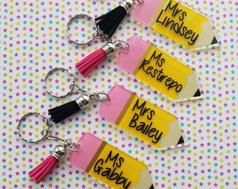 Set of 30, Personalized Teacher Name Acrylic Pencil Keychain with Tassel, Teacher Appreciation, Backpack Tag, Personalizable