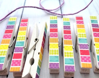 Photo Clothesline, Baby Shower Gift Games, Banner Bunting, Multi Rainbow Stripe, Wooden Clothespin Clips Garland, Set of 12, Painted White
