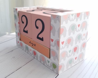 Perpetual Wooden Block Calendar - Tiny Pink Elephants - Baby Girl Nursery Shower Gift - Desk Calendar, Home School, Teacher Gift