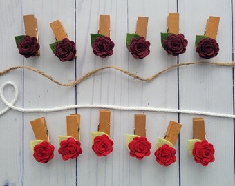 Red or Maroon Roses Felt Flowers Boho Clothespins Clothesline, Baby Wedding Shower Gift, Rustic Wild, Mini Garland