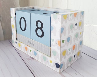 Handmade Baby Wooden Block Perpetual Calendar - Tiny Gray Blue and Green Elephants - For Boys - Baby Infant Nursery