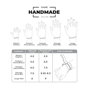 May include: A chart showing wrist and bracelet size recommendations for different categories of people, including babies/toddlers, preteen/petite women, average adult women, average adult men, and larger adult men. The chart includes wrist size in inches, bracelet size in inches, and a diagram showing how to measure your wrist.