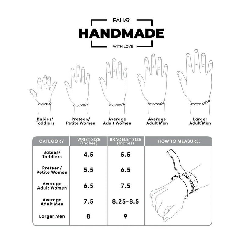 May include: A chart showing wrist and bracelet size recommendations for different categories of people, including babies/toddlers, preteen/petite women, average adult women, average adult men, and larger adult men. The chart includes wrist size in inches, bracelet size in inches, and a diagram showing how to measure your wrist.