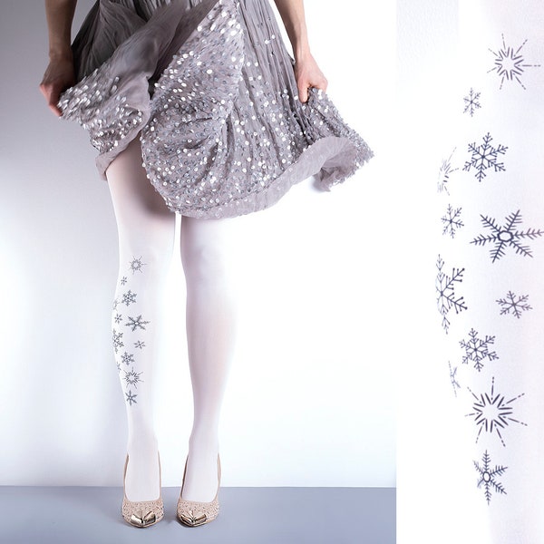 Tattoo Tights - Snowflakes White one size full length printed closed toe tights, pantyhose, tattoo socks