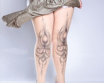 Pretty Doll Tattoo Tights nude one size full length closed toe pantyhose, tattoo socks ,printed tights, Plus Size option, gift for her