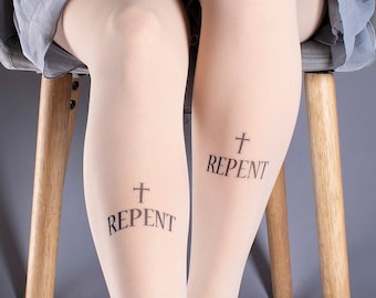 nude Repent tattoo stockings, full length pantyhose, nylons, tattoo tights, tattoosocks, biblical, holly, burlesque, cross, plus size option