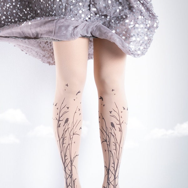 Tattoo Tights -  Forest Symphony nude one size full length closed toe pantyhose tattoo socks ,printed tights, Plus Size option