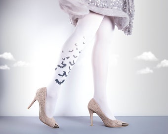 Tattoo Tights -  Bats white one size full length closed toe pantyhose tattoo socks ,printed tights