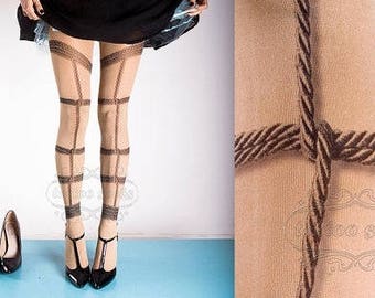 Tattoo Tights - Bondage nude color one size full length printed tights closed toe pantyhose , BDSM nylons, tattoo socks, Plus Size option