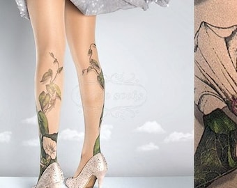 Tattoo Tights -  Climber Plant nude one size full length closed toe pantyhose tattoo socks ,printed tights, Plus Size option, floral pattern