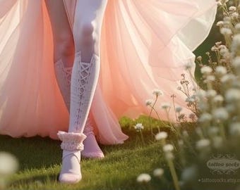 Tattoo Tights - Lolita Corset Light Pink one size full length printed closed toe tights pantyhose, tattoo socks, lace up 3D illusion