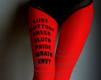 Tattoo Tights, 7 deadly sins Red one size full length closed toe printed tights pantyhose, tattoosocks