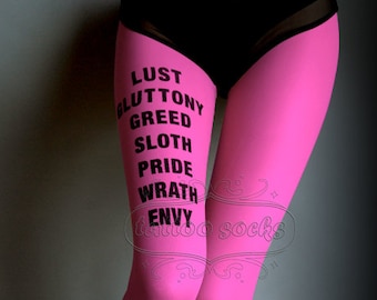 Tattoo Tights, 7 deadly sins magenta one size full length closed toe printed tights pantyhose, tattoosocks, words, gift for her, birthday