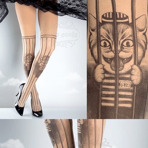 Free Pussy Riot Tattoo Tights nude, printed tights, caged pantyhose, prison, democracy, gay rights cat tattoo socks, Plus Size option image 1