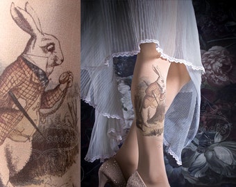 Tattoo Tights -  ALICE one size nude full length printed tights, pantyhose, nylons by tattoosocks, Plus Size option, bride, bridesmaid party