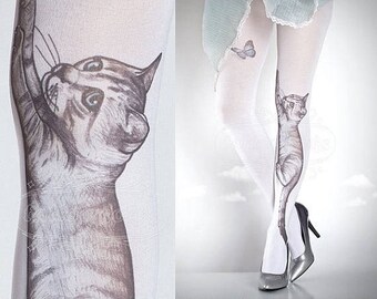 Tattoo Tights - Playful Kitten white one size full length closed toe pantyhose tattoo socks ,printed tights, cat, butterfly