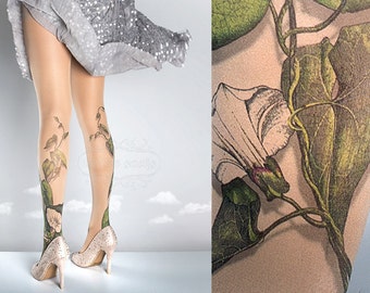 Tattoo Tights -  Climber Plant nude one size full length closed toe pantyhose tattoo socks ,printed tights, Plus Size option